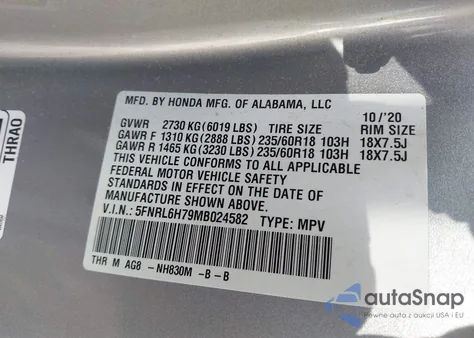 2021 Honda Odyssey Ex-L z USA, uszkodzony, nr VIN 5FNRL6H79MB024582